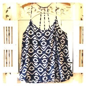 Printed Strappy Back Navy Blue Tank